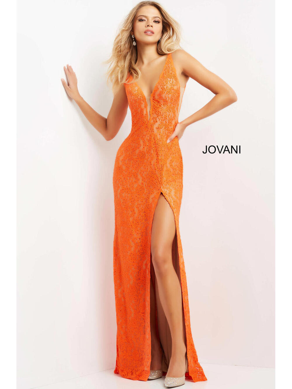 NWT Jovani 08674 Orange Nude Lace Plunging Neck Dress Size 0 Formal Prom Gown - Picture 3 of 9
